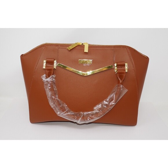 JOY & IMAN Couture Brown Leather Satchel & Clutch with Velvet Detail - Picture 3 of 10